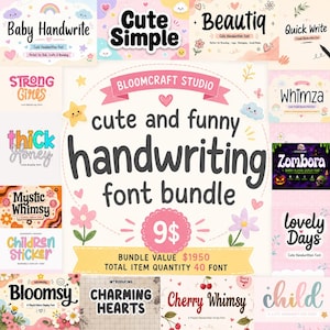May include: A digital font bundle display featuring the text "cute and funny handwriting font bundle" and "9$" in the center. The graphic includes various font samples with names like Baby Handwrite, Strong Girls, Thick Honey, and Zombora.