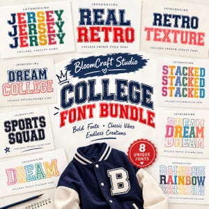 May include: A digital display of a college font bundle featuring eight distinct typography styles with varied colors and textures, including the text BloomCraft Studio College Font Bundle, Bold Fonts, Classic Vibes, Endless Creations, and a varsity jacket.