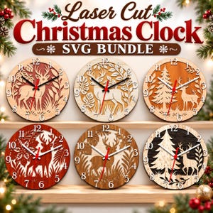 May include: A collection of six circular laser-cut wooden wall clocks featuring intricate deer and forest motifs. Each clock displays numbers 1 through 12 and includes clock hands. The text Laser Cut Christmas Clock SVG BUNDLE is visible.