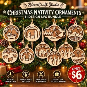 May include: A digital graphic displaying 11 laser-cut style wooden Christmas nativity ornaments with various religious scenes including the manger, wise men, and camels. The text reads BloomCraft Studio Christmas Nativity Ornaments 11 Design SVG Bundle.