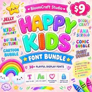 Puede incluir: Un anuncio gráfico digital para el BloomCraft Studio Happy Kids Font Bundle. La imagen presenta texto colorido estilo burbuja, un arcoíris, nubes, una estrella amarilla e iconos que representan formatos de archivo de fuentes y características.