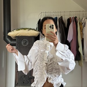 Upcycled White Smocked Shirt – Handmade Statement Blouse – One of a Kind