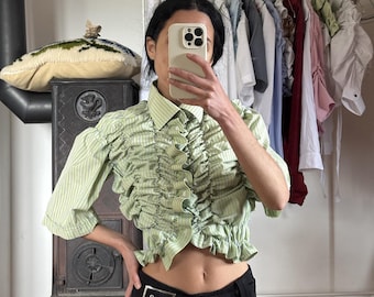 Upcycled Green Striped Ruffle Blouse | Reworked Button-Up Shirt | Ruched Crop Top | Statement Shirt