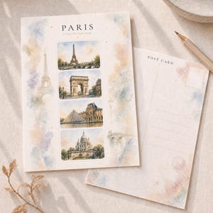 Paris Postcard Watercolor Art Print | France Travel Postcard | Eiffel Tower Louvre Illustration | Aesthetic Snail Mail Card