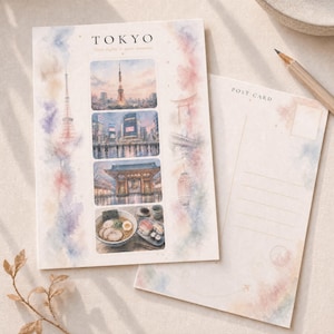 May include: A rectangular postcard featuring the text TOKYO and Neon nights & quiet moments. It displays four watercolor-style images of Tokyo landmarks and food, including the Tokyo Tower, a city street, a temple gate, and a bowl of ramen with sushi.