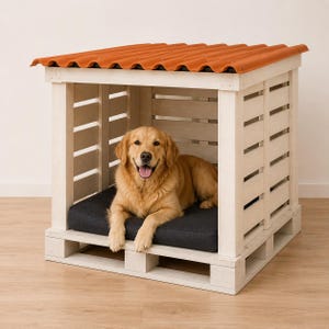 May include: A wooden dog house constructed from white-painted pallet slats featuring a corrugated orange roof. Inside the structure, a golden-coloured dog with a light-coloured coat is lying down on a dark grey rectangular cushion.