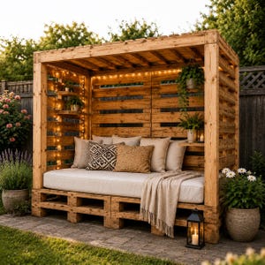 DIY Pallet Canopy Daybed Plans, Outdoor Furniture Build Guide (PDF Download)