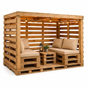 May include: A wooden pallet lounge structure featuring a roof, slatted walls, and two bench seats with beige cushions. A small matching pallet table sits between the benches, holding a black lantern and a potted plant, illuminated by string lights.
