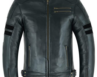 Chaqueta de motorista de piel de vacuno hecha a mano: para todas las estaciones, protectores CE, forro térmico.