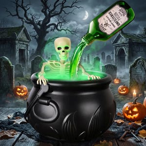 May include: A black cauldron filled with glowing green liquid and a skeleton figure. A green glass bottle labelled "UNFILTERED POISON" with a skull and crossbones graphic is tilted, pouring more green liquid into the cauldron.