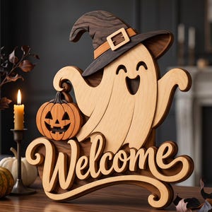 ハロウィンの幽霊歓迎スクロールソーパターン、カボチャの木工プラン、レイヤードウッドアートSVG PDF PNG、秋のドアサイン