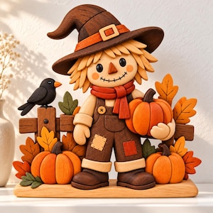 May include: A wooden scarecrow figurine wearing a brown hat with an orange band, a red scarf, and brown overalls with patches. The figure holds an orange pumpkin, stands by a wooden fence with two more pumpkins, and has a black bird perched nearby.