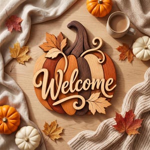 Welcome Pumpkin Intarsia Pattern PDF, Fall Scroll Saw Pattern, Autumn Woodworking Template, Pumpkin Door Hanger, DIY Wood Wall Decor