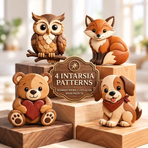 4 Animal Intarsia Patterns Bundle, Beginner Scroll Saw Woodworking Projects, Printable PDF Digital Download