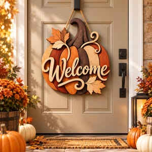 Welcome Pumpkin Intarsia Pattern PDF, Fall Scroll Saw Pattern, Autumn Woodworking Template, Pumpkin Door Hanger, DIY Wood Wall Decor
