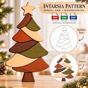 Pode incluir: Um padrão de marchetaria em download digital para serra de recorte, apresentando uma árvore de Natal de madeira feita de segmentos de madeira em camadas e multicoloridos, com uma estrela no topo. Inclui ícones de ficheiros PDF, SVG, DXF, contorno e peças.