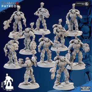 May include: A collection of ten unpainted grey miniature soldier figurines in futuristic armour, each equipped with various rifles and accessories. The figures stand on circular bases, with a scale reference showing 38 mm height and 32 mm width.