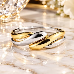 Djärv crossover-ring, Chunky Twisted Ring, Statement-ring, Blandad metallring, Dubbelbandsring, Stapelring, Trendiga smycken, Present till henne