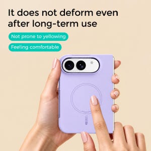 May include: A light purple phone case with a circular magnetic charging ring on the back and a camera cutout. Text reads: It does not deform even after long-term use, Not prone to yellowing, Feeling comfortable.