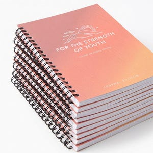 Puede incluir: Una pila de diarios con encuadernación en espiral y una cubierta con degradado naranja y rosa. La cubierta presenta un gráfico de líneas de una montaña y un sol con el texto "FOR THE STRENGTH OF YOUTH A Guide for Making Choices" y "JOURNAL EDITION" en blanco.