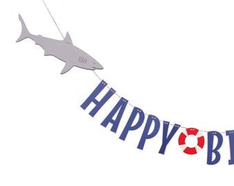 Shark Birthday Banner - Happy Birthday Banner - Shark Party Decorations - Under the Sea Party - Life Preserver Banner - Nautical Banner