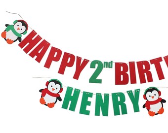 Holiday Penguin Happy Birthday Banner Custom Personalized