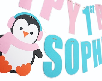 Custom Penguin Happy Birthday Banner - Girl Winter Penguin Birthday Banner