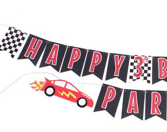 Race Car Happy Birthday Banner - Race Car Checkered Flag Happy Birthday Banner