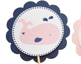 Pink Baby Whale Cupcake Toppers - Nautical Whale Birthday Cupcake Toppers  - Nautical Whale Baby Shower