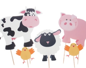 Farm Animal CAKE Toppers - Farm Animal Birthday Party - Farm Animal Party Picks - Cow - Pig - Sheep - Lamb - Chick - Chicken