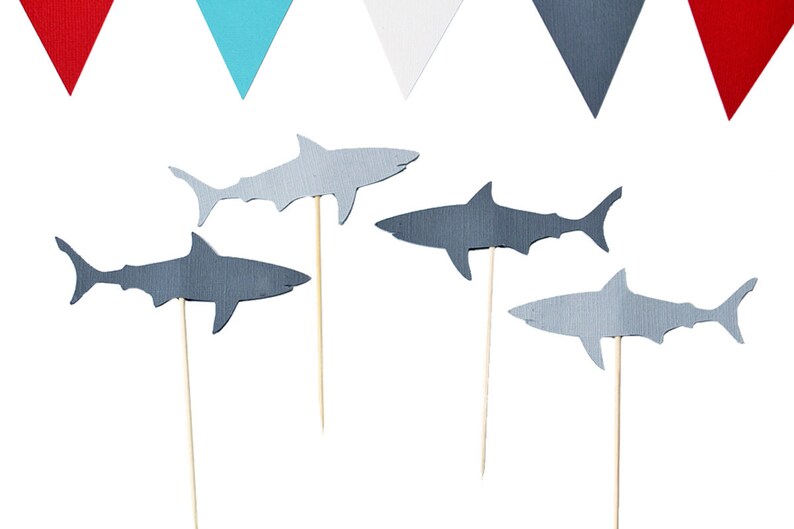24-Pc Shark Cupcake Toppers - Blue & Gold Glitter For Shark Birthday Party Decor