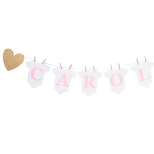 Clothesline Baby Shower Banner - Bodysuit Baby Name Banner - Personalized Baby Shower Banner - Pink Gold Baby Banner - Clothesline Banner