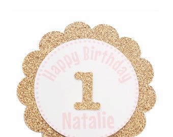 Pink and Gold First Birthday Cupcake Toppers - Personalized Cupcake Toppers - Happy Birthday