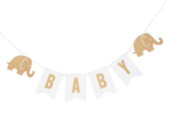 White and Gold Baby Elephant Banner - White and Gold Elephant Banner - White and Gold Shower - White and Gold Decor - White and Gold Banner