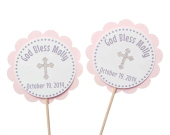 Pink and Silver Christening Cupcake Toppers  Baptism Cupcake Toppers  First Communion Cupcake Toppers - Cross Cupcake Toppers