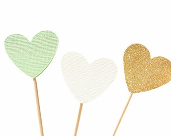 Mint Gold and Ivory Heart Cupcake Toppers / Food Picks / Wedding /  Valentines Day /  Love Wedding - Gold Glitter and Mint Green