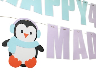 Custom Penguin Happy Birthday Banner - Blue Winter Penguin Birthday Banner