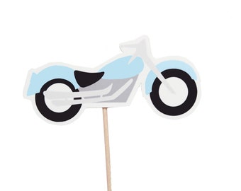 Baby Boy Blue Motorcycle Cupcake Toppers  - Motorcycle Themed Baby Shower First Birthday