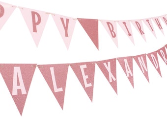 Pink and Rose Pink Happy Birthday Banner - Pink and Pink Glitter Pennant Birthday - Pink and Dusty Rose Birthday Banner - Rose Pink Party
