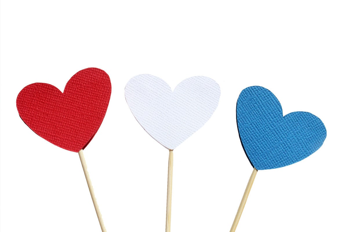 Patriotic Heart Cupcake Toppers - Red White and Blue