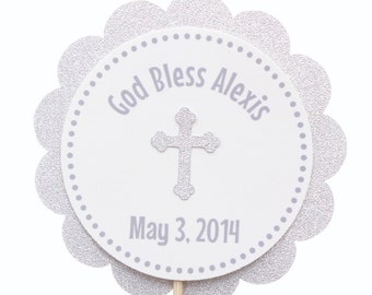 Personalized Christening Cupcake Toppers / Baptism Cupcake Toppers  / First Communion Cupcake Toppers - God Bless - Silver White Cross