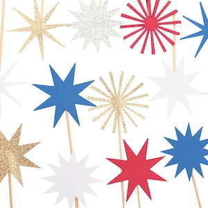 Patriotic Cupcake Toppers Party Picks, Red White Blue Party, Fireworks, Starburst, Fourth of July, Star Independence Day Cupcake Toppers