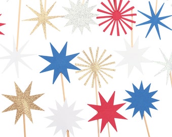 Patriotic Cupcake Toppers Party Picks, Red White Blue Party, Fireworks, Starburst, Fourth of July, Star Independence Day Cupcake Toppers