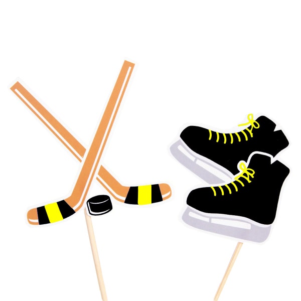 Black and Yellow Hockey Cupcake Toppers / Boston Hockey Birthday / Black and Yellow Hockey Birthday / Skate Cupcake Toppers / Hockey Stick