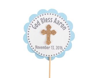 Blue and Gold Cross God Bless Cupcake Toppers / Baptism Cupcake Toppers / Blue Gold Christening / Blue Gold Communion /