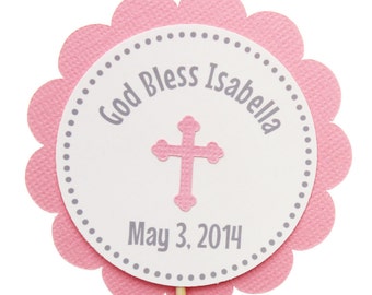 Personalized Christening / Baptism / First Communion Cupcake Toppers - God Bless - Pink and White