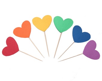 Adornos para cupcakes con forma de corazón arcoíris - Adornos para cupcakes de San Valentín arcoíris - Adornos para cupcakes con forma de corazón - Cumpleaños arcoíris - Palillos para fiestas arcoíris
