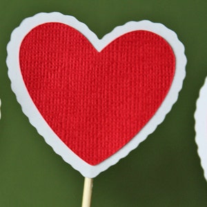 Valentine's Heart Cupcake Toppers / Appetizer Picks / Food Picks Red and White Scalloped Hearts image 3