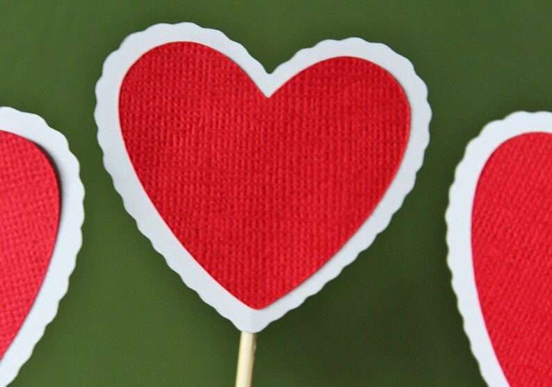 Valentine's Heart Cupcake Toppers / Appetizer Picks / Food Picks Red and White Scalloped Hearts image 3