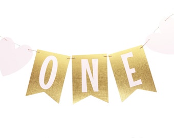 Pink and Gold First Birthday ONE High Chair Banner